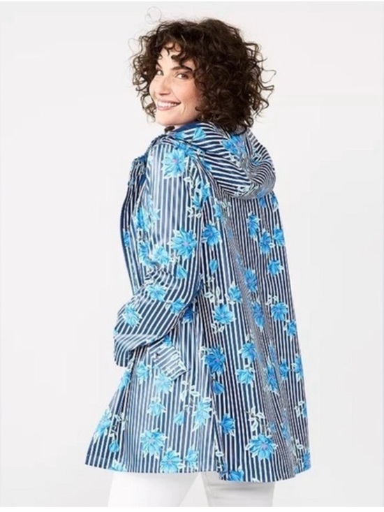 Draper James Jackets & Blazers - Draper James Hooded Rain Jacket Blue Floral Stripe Coat Size M